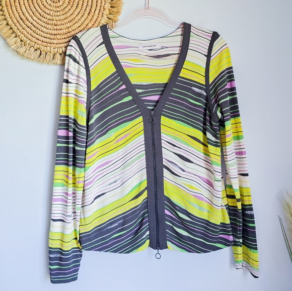 Aldo Martins, Multi Abstract V-neck Zip Front Stretch Knit Cardigan, SZ 10 - Picture 9 of 11
